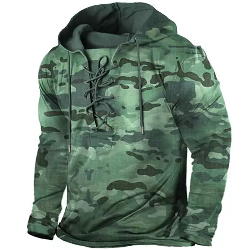 Camouflage Graphic Hoodie with Lace-up Design for Outdoor and Casual Sportswear